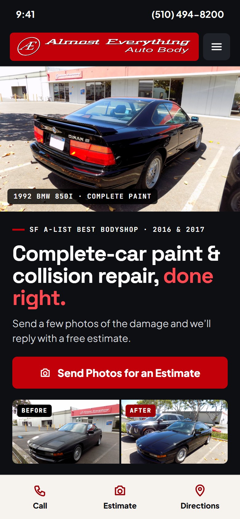 Mobile homepage concept with one-tap call, photo estimate and directions